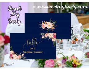 Floral Navy Wedding Place card,Floral Wedding seating card,(054w)